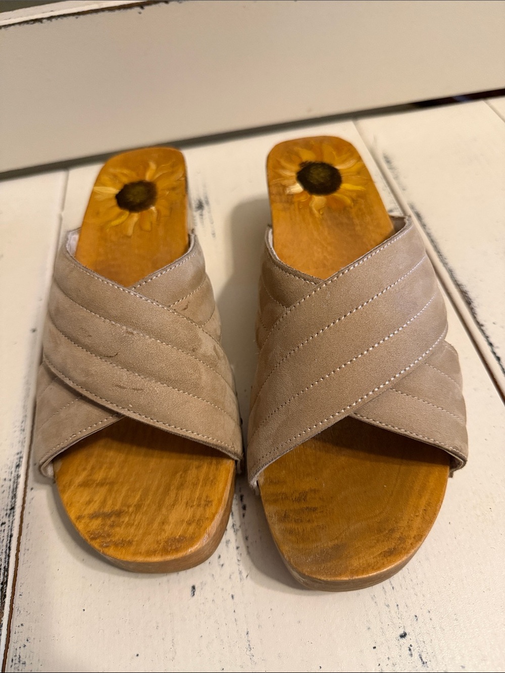 Vintage wooden sole sandals with hand painted sunflowers.  Size 7.